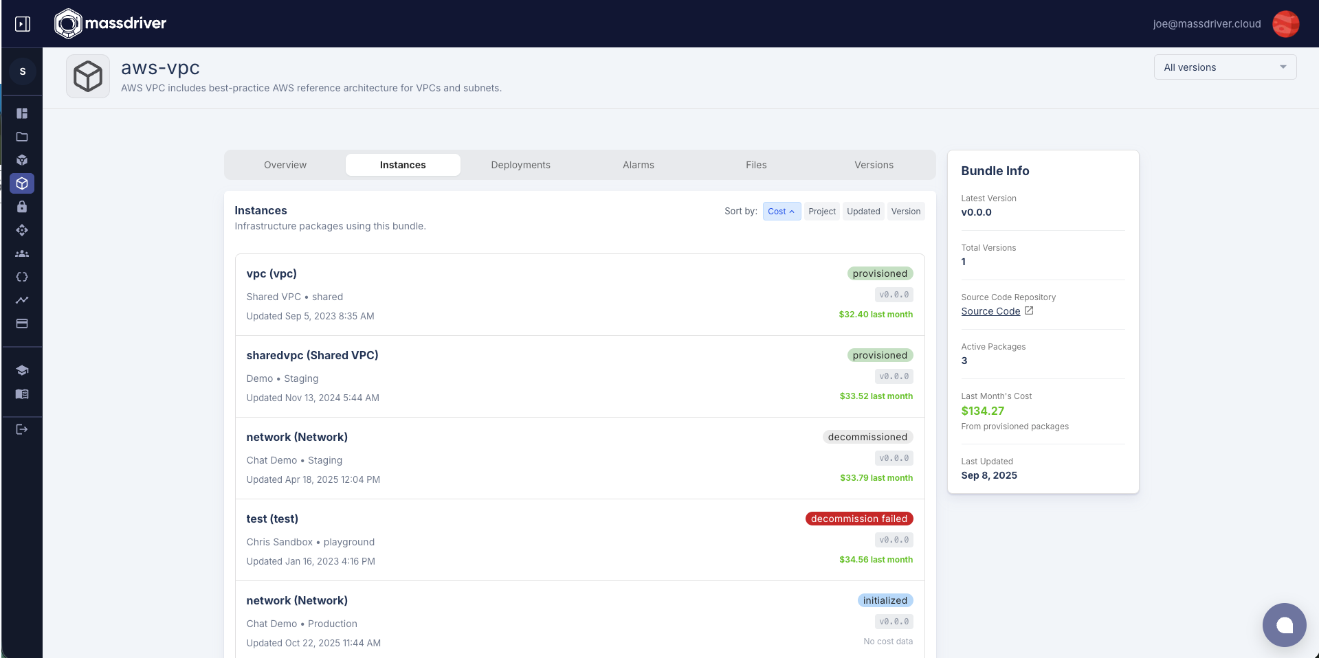 Bundle instances showing version information